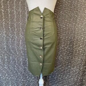 NWT Blush Boutique Olive Button Front Midi Skirt Faux Leather Preppy Women's S